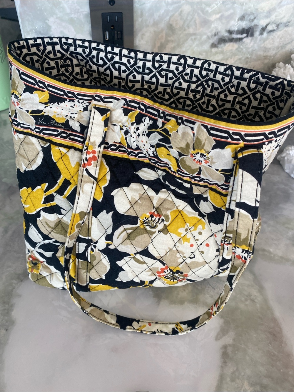 Vera Bradley Quilted Floral Tote in Navy, Yellow & Cream